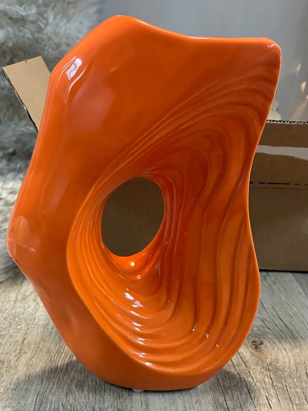 Modern  Orange Abstract Ceramic Donut Vase - Sculptural Art Decor Glossy 10 in